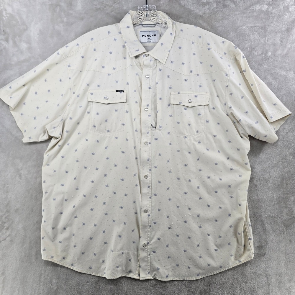 Poncho Western Shirt Mens XXL Cream Blue Floral Pearl Snap Short Sleeve FLAW